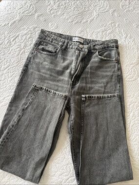 Zara Men's Washed Gray Straight Jeans with Front Patch Panels